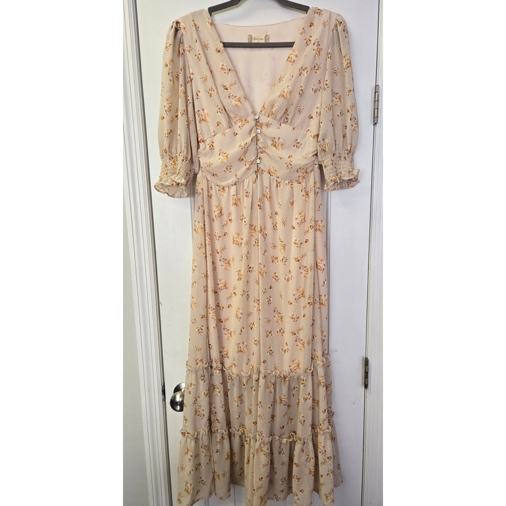 Cream Floral Maxi Dress Smocked Tiered Cottagecore Peasant Babydoll Boho Medium